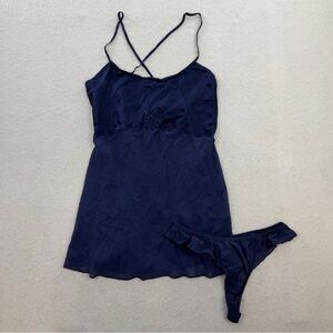 90s Victoria’s Secret Babydoll Navy Blue Silk Chemises Slip Dress Size Medium
